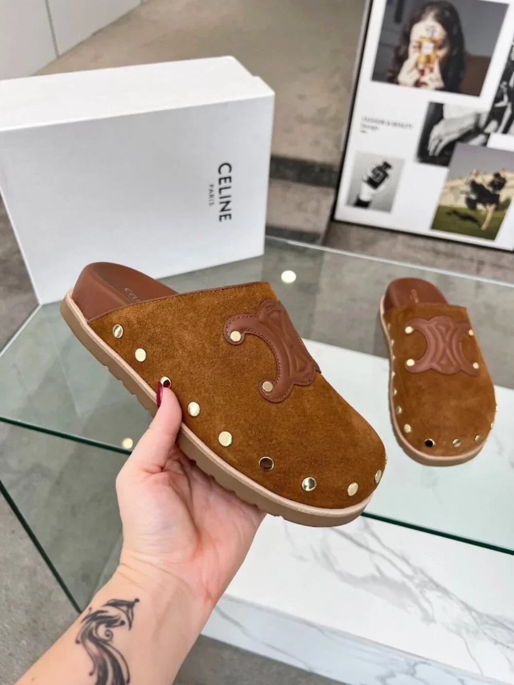 CELINE Calfskin Leather Triomphe Embossed Mules Slides Slippers - Picture 6 of 8